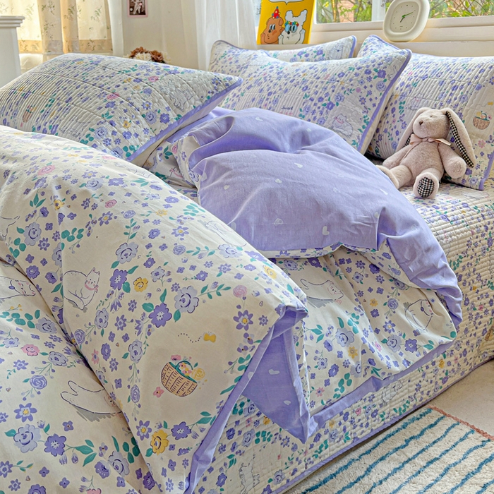 91家纺网 家纺一手货源 找家纺 羽爱家纺 2025新款A类13372全棉印花砂洗床盖套件 田园猫