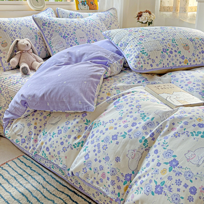 91家纺网 家纺一手货源 找家纺 羽爱家纺 2025新款A类13372全棉印花砂洗床盖套件 田园猫