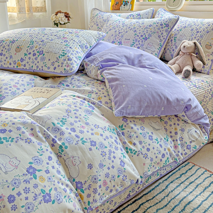 91家纺网 家纺一手货源 找家纺 羽爱家纺 2025新款A类13372全棉印花砂洗床盖套件 田园猫