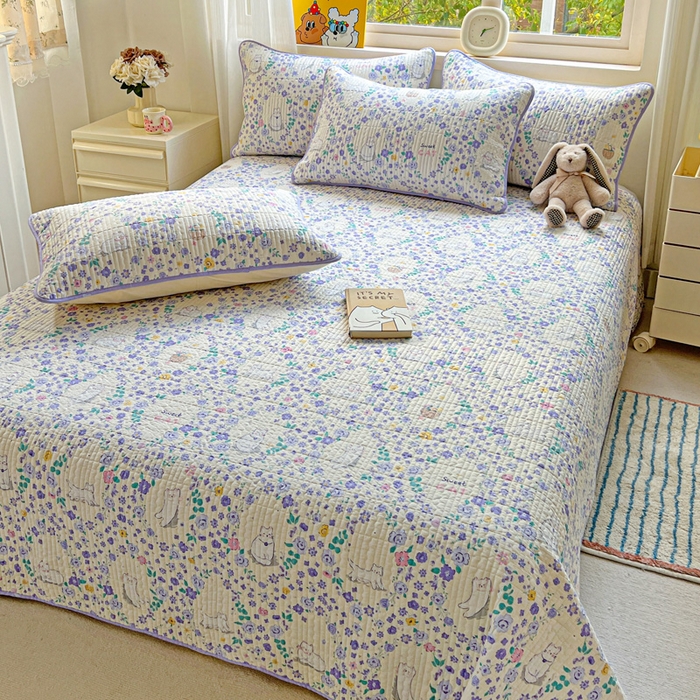 91家纺网 家纺一手货源 找家纺 羽爱家纺 2025新款A类13372全棉印花砂洗床盖套件 田园猫