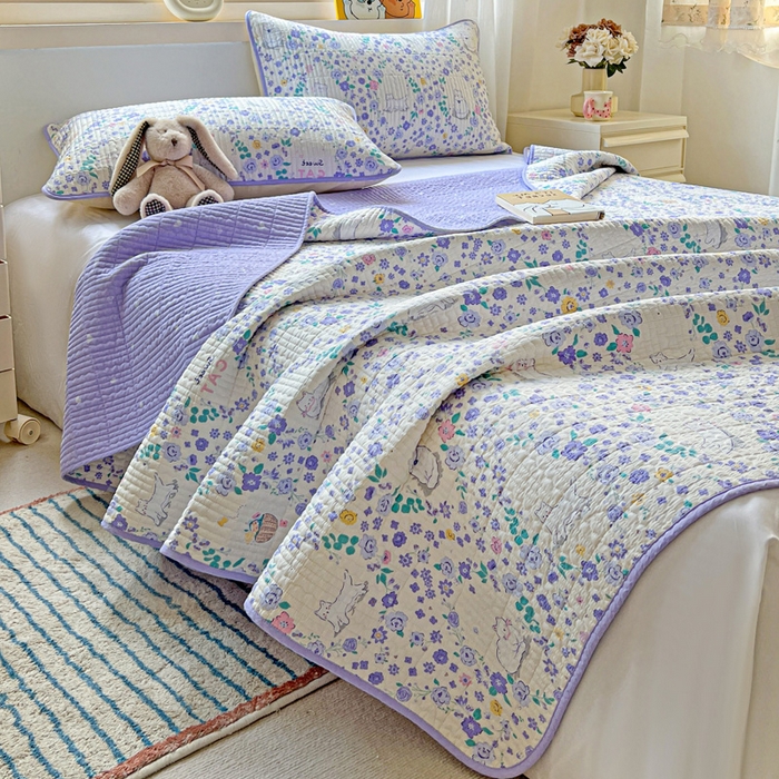 91家纺网 家纺一手货源 找家纺 羽爱家纺 2025新款A类13372全棉印花砂洗床盖套件 田园猫