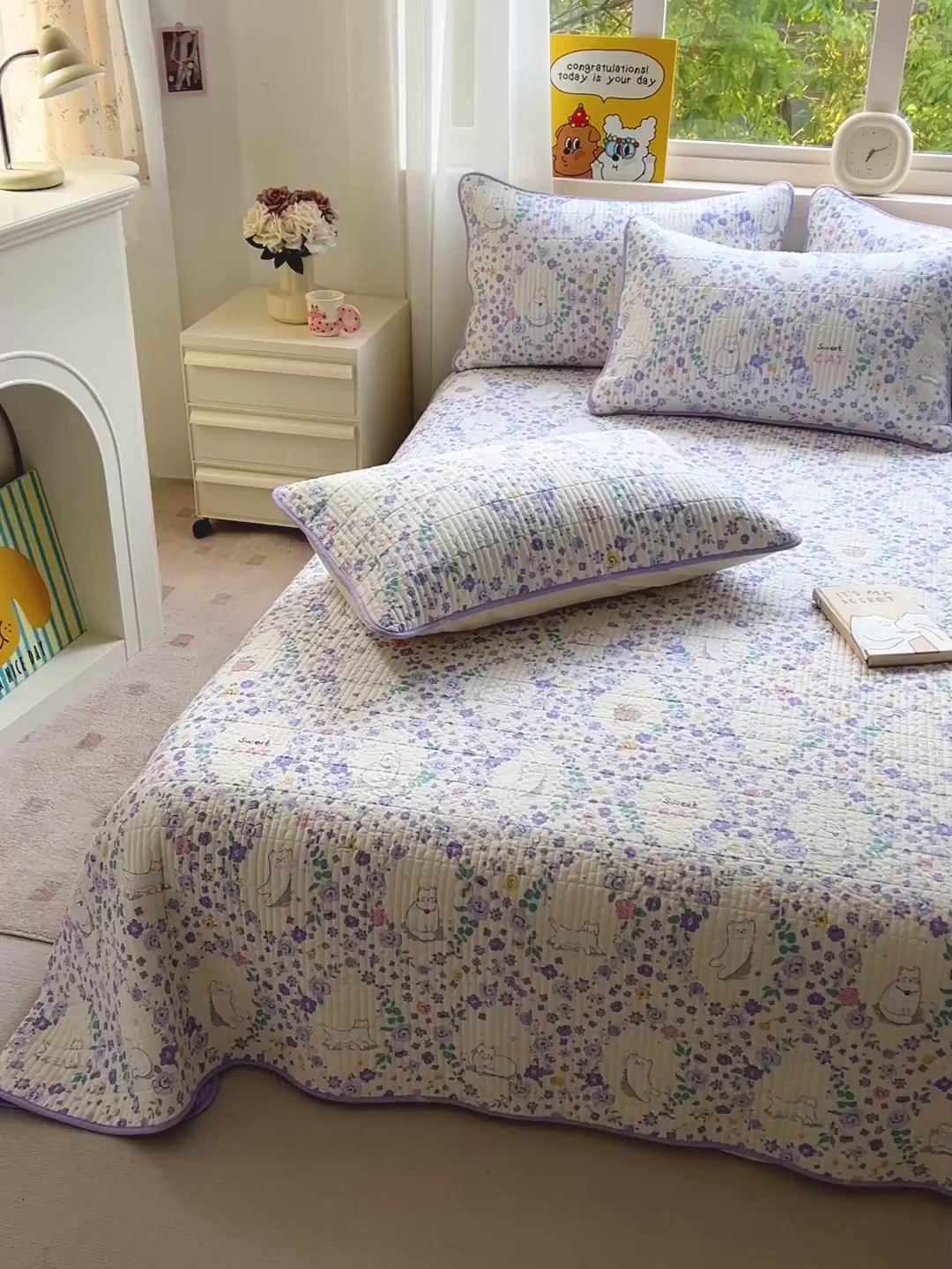 91家纺网 家纺一手货源 找家纺 羽爱家纺 2025新款A类13372全棉印花砂洗床盖套件 田园猫