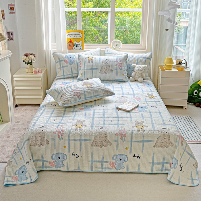 羽爱家纺 2025新款A类13372全棉印花砂洗床盖套件 玩偶派对