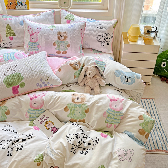 91家纺网 家纺一手货源 找家纺 羽爱家纺 2025新款A类13372全棉印花砂洗床盖套件 小甜豆