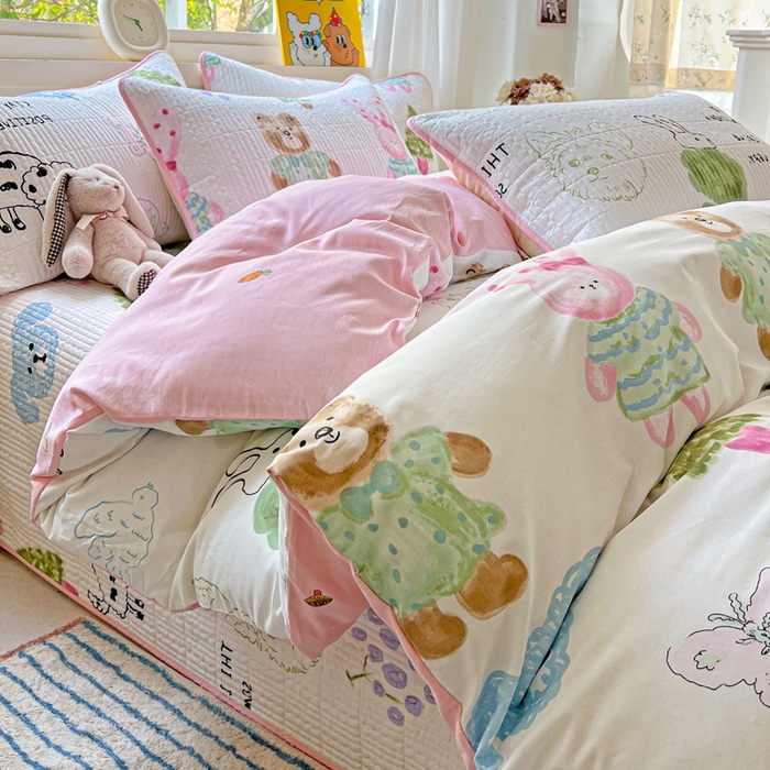 91家纺网 家纺一手货源 找家纺 羽爱家纺 2025新款A类13372全棉印花砂洗床盖套件 小甜豆