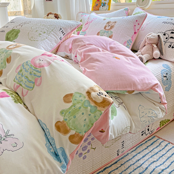 91家纺网 家纺一手货源 找家纺 羽爱家纺 2025新款A类13372全棉印花砂洗床盖套件 小甜豆