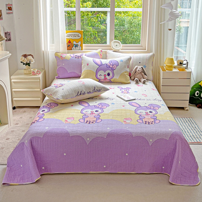 羽爱家纺 2025新款A类13372全棉印花砂洗床盖套件 小兔兔