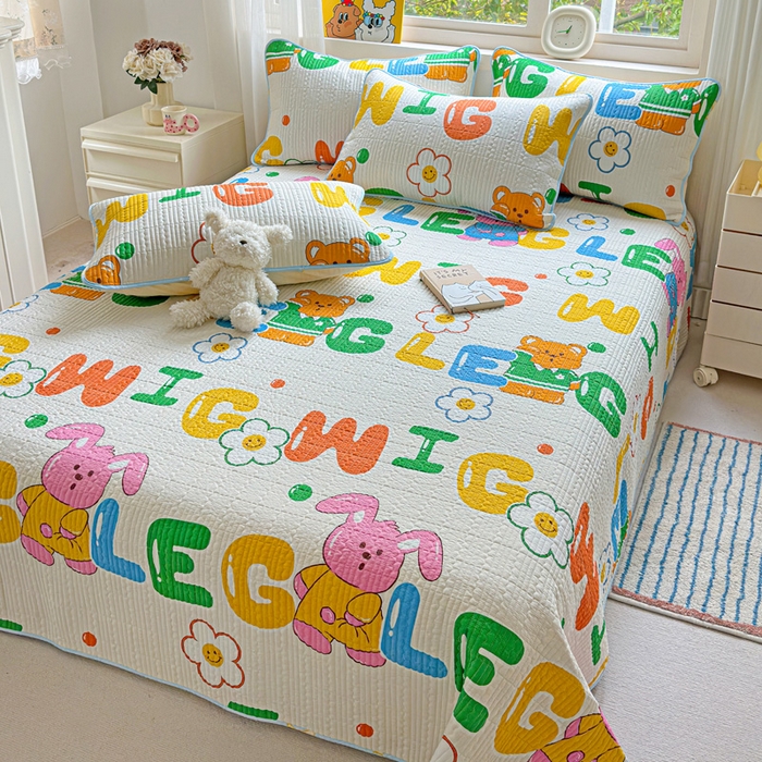 91家纺网 家纺一手货源 找家纺 羽爱家纺 2025新款A类13372全棉印花砂洗床盖套件 笑脸花花