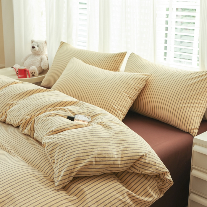 91家纺网 家纺一手货源 找家纺 柠萌家居 2025年新款色织条纹水洗棉全棉四件套 黄咖条