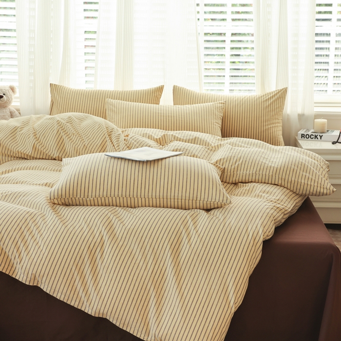 91家纺网 家纺一手货源 找家纺 柠萌家居 2025年新款色织条纹水洗棉全棉四件套 黄咖条