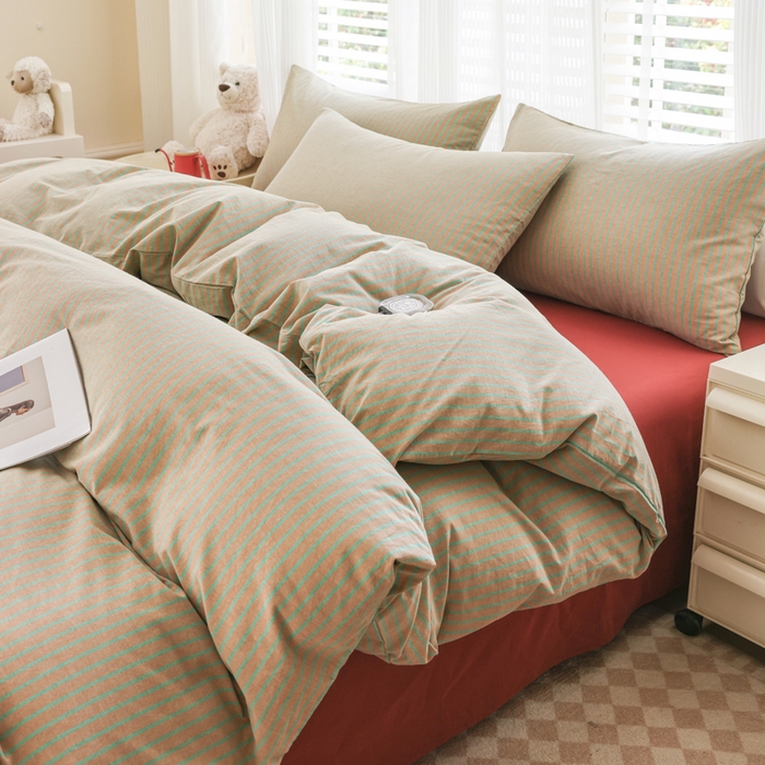 柠萌家居 2025年新款色织条纹水洗棉全棉四件套 驼红条
