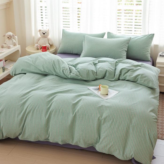 91家纺网 家纺一手货源 找家纺 柠萌家居 2025年新款色织条纹水洗棉全棉四件套 绿紫条