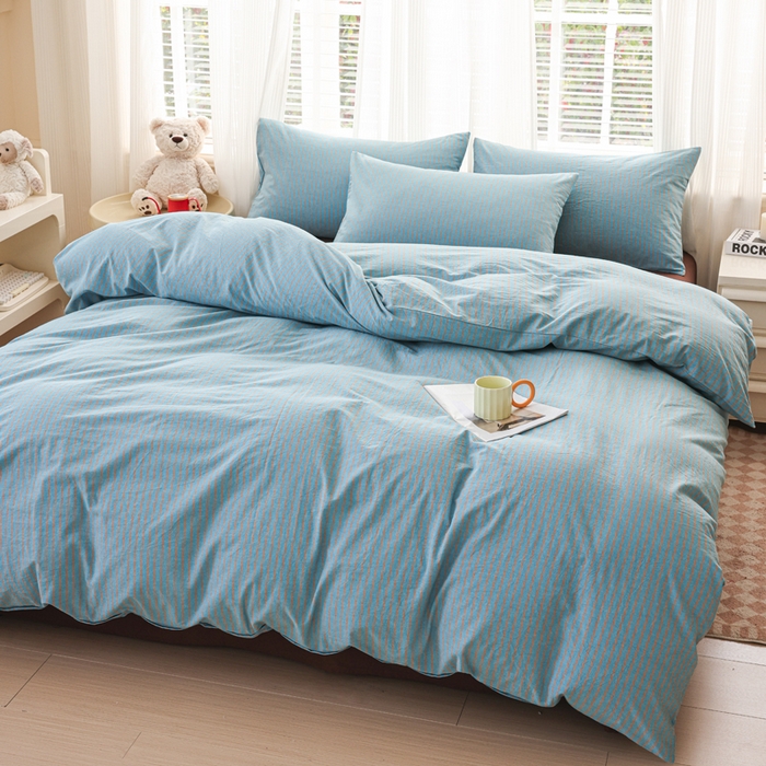 91家纺网 家纺一手货源 找家纺 柠萌家居 2025年新款色织条纹水洗棉全棉四件套 蓝咖条