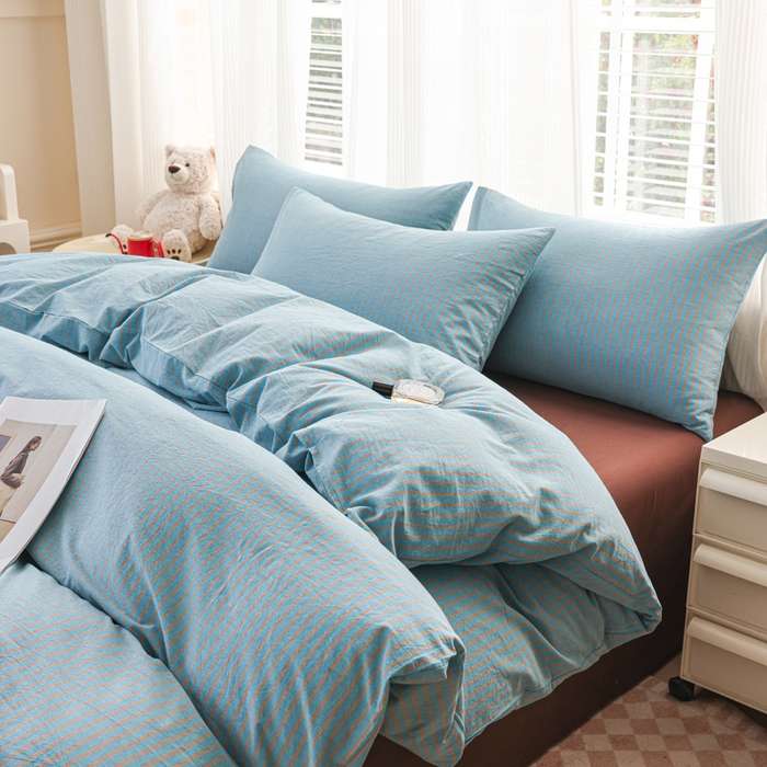 柠萌家居 2025年新款色织条纹水洗棉全棉四件套 蓝咖条