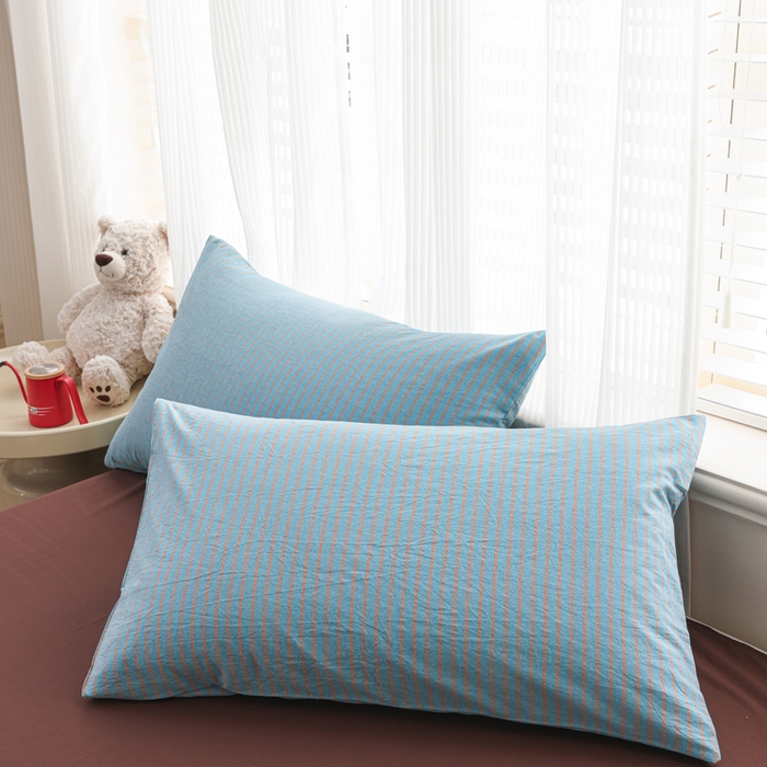 91家纺网 家纺一手货源 找家纺 柠萌家居 2025年新款色织条纹水洗棉全棉四件套 蓝咖条