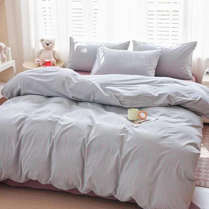 91家纺网 家纺一手货源 找家纺 柠萌家居 2025年新款色织条纹水洗棉全棉四件套 粉紫条