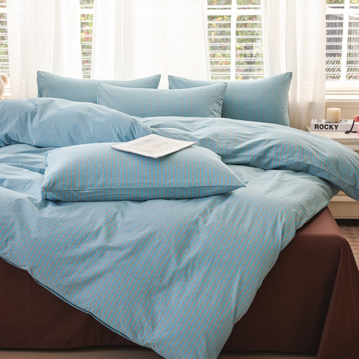 91家纺网 家纺一手货源 找家纺 柠萌家居 2025年新款色织条纹水洗棉全棉四件套 蓝咖条