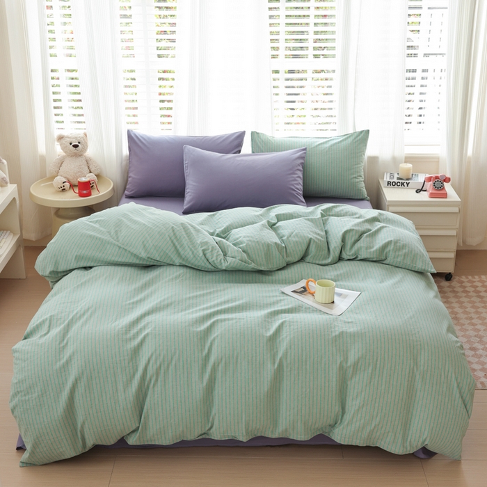 柠萌家居 2025年最新款全棉色织水洗棉枕套混搭四件套 凯西亚-绿紫