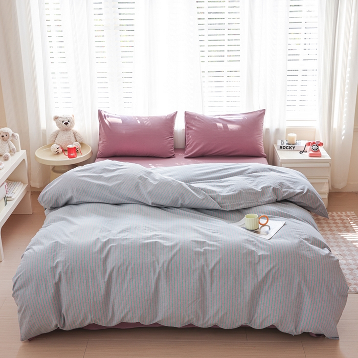 91家纺网 家纺一手货源 找家纺 柠萌家居 2025年最新款全棉色织水洗棉枕套混搭四件套 凯西亚-粉紫