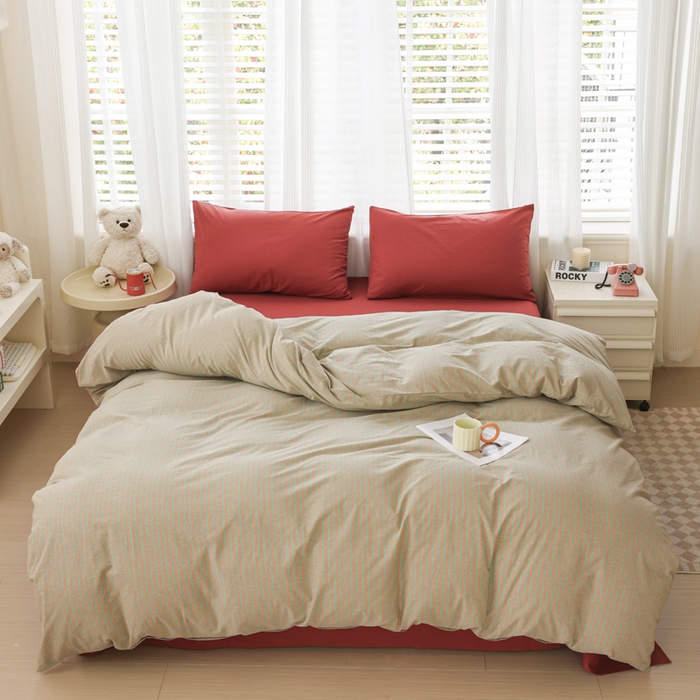 91家纺网 家纺一手货源 找家纺 柠萌家居 2025年最新款全棉色织水洗棉枕套混搭四件套 凯西亚-驼红