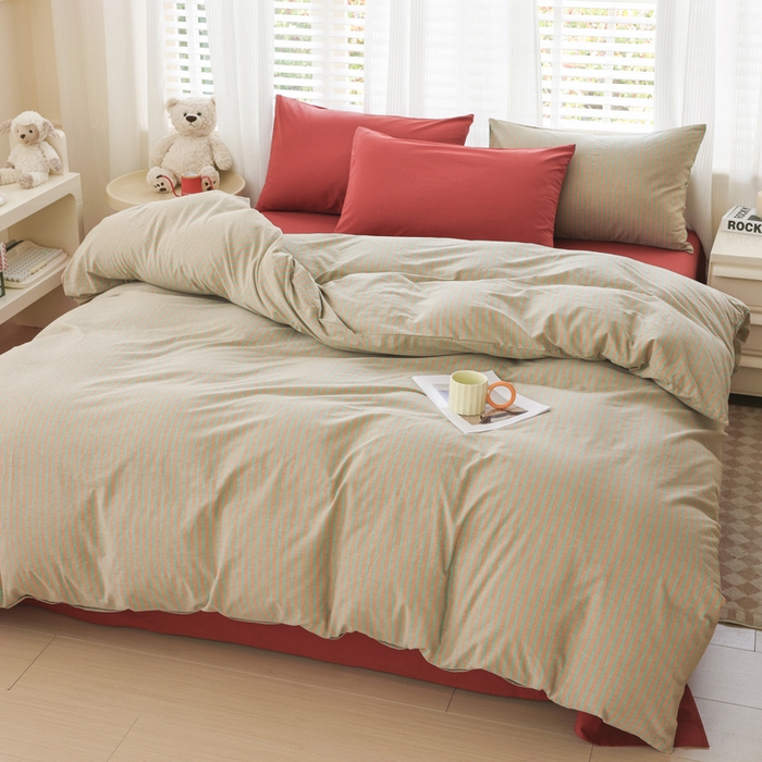 91家纺网 家纺一手货源 找家纺 柠萌家居 2025年最新款全棉色织水洗棉枕套混搭四件套 凯西亚-驼红