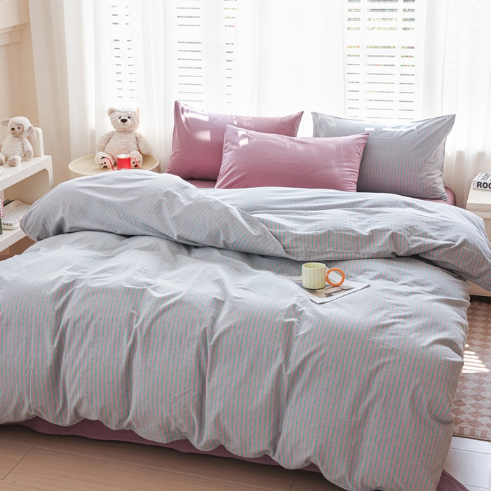 91家纺网 家纺一手货源 找家纺 柠萌家居 2025年最新款全棉色织水洗棉枕套混搭四件套 凯西亚-粉紫