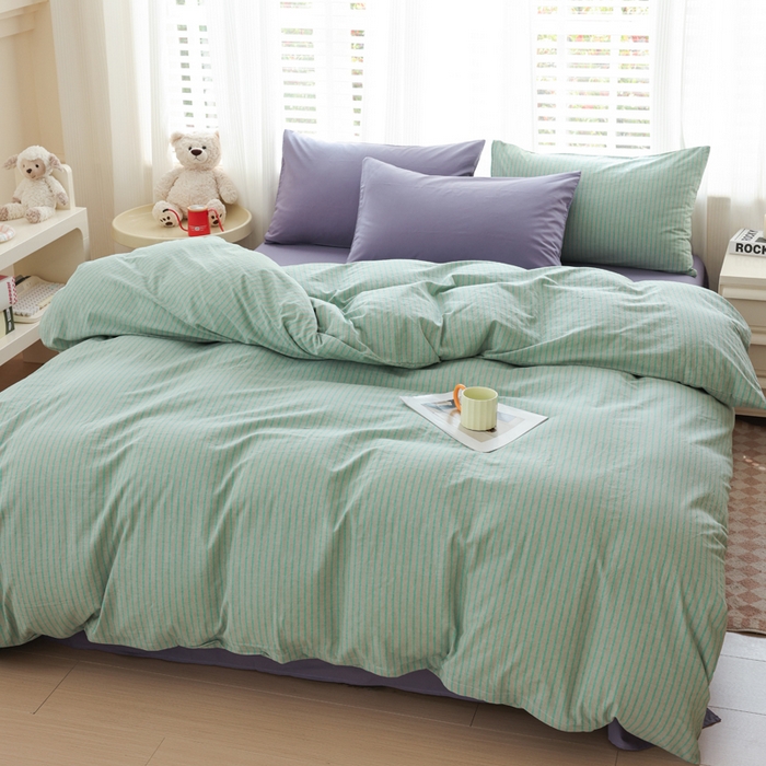 91家纺网 家纺一手货源 找家纺 柠萌家居 2025年最新款全棉色织水洗棉枕套混搭四件套 凯西亚-绿紫