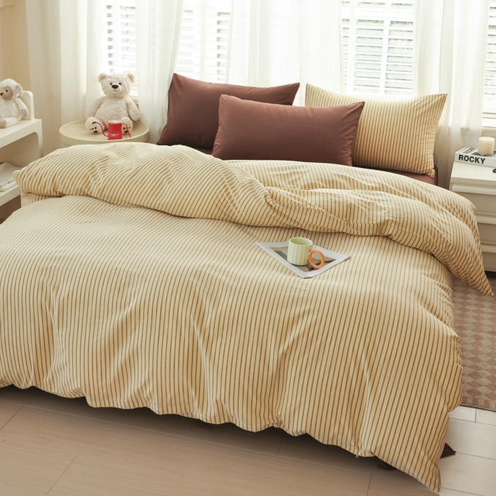 91家纺网 家纺一手货源 找家纺 柠萌家居 2025年最新款全棉色织水洗棉枕套混搭四件套 凯西亚-黄咖