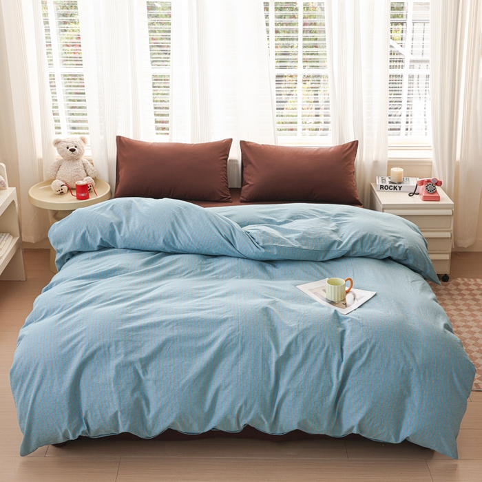 91家纺网 家纺一手货源 找家纺 柠萌家居 2025年最新款全棉色织水洗棉枕套混搭四件套 凯西亚-蓝咖