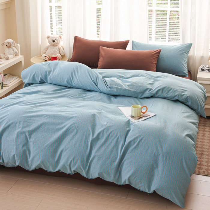 91家纺网 家纺一手货源 找家纺 柠萌家居 2025年最新款全棉色织水洗棉枕套混搭四件套 凯西亚-蓝咖