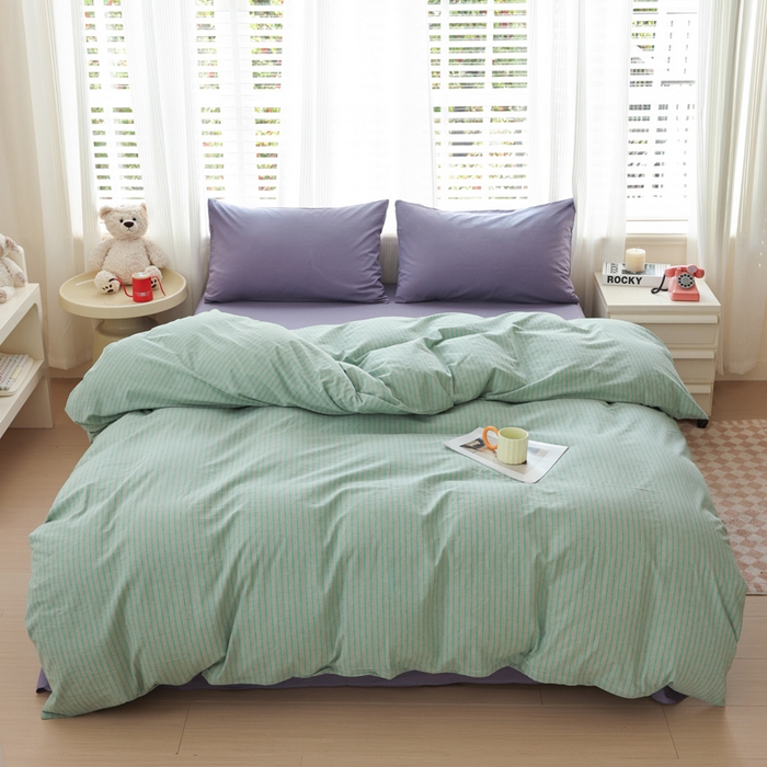 91家纺网 家纺一手货源 找家纺 柠萌家居 2025年最新款全棉色织水洗棉枕套混搭四件套 凯西亚-绿紫