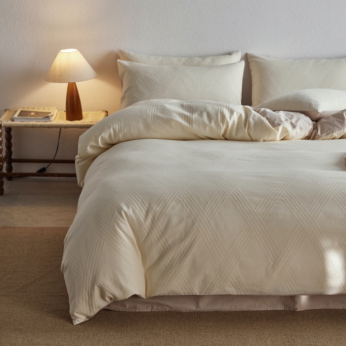 91家纺网 家纺一手货源 找家纺 千朵森 2025新款全棉色织提花四季款四件套-艾薇 艾薇-汝窑白