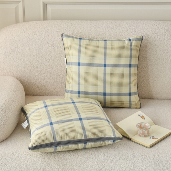 悦织湾家纺 2025新款精疏棉抱枕被靠枕抱枕毯轻奢时尚卡通小清新电商直播热销款 蓝大格