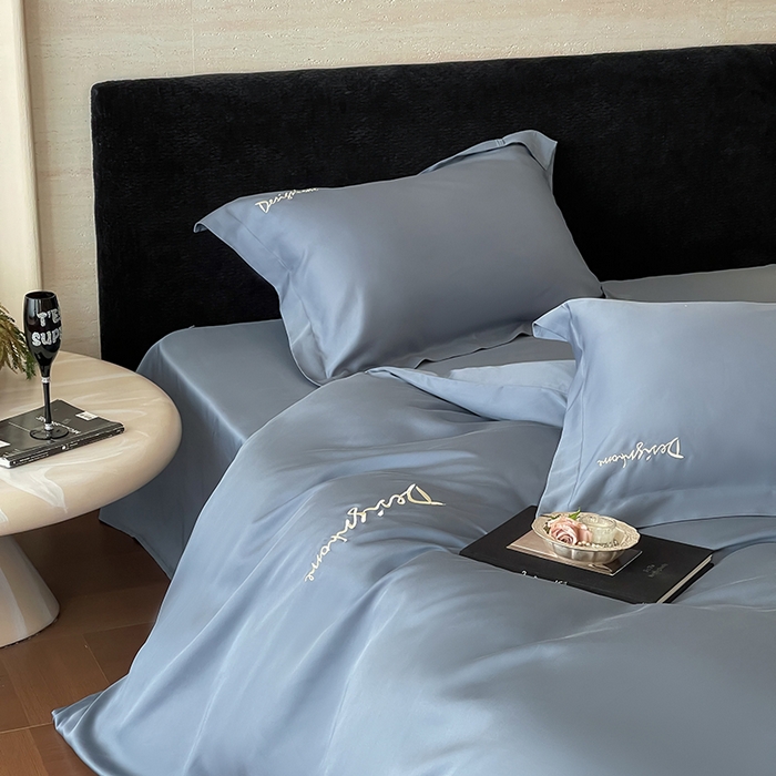 91家纺网 家纺一手货源 找家纺 黛舒家居 2025新款60S兰精天丝纯色简绣四件套 石青