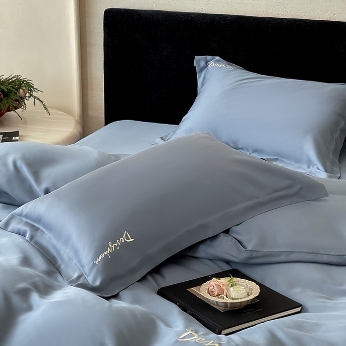 91家纺网 家纺一手货源 找家纺 黛舒家居 2025新款60S兰精天丝纯色简绣四件套 石青