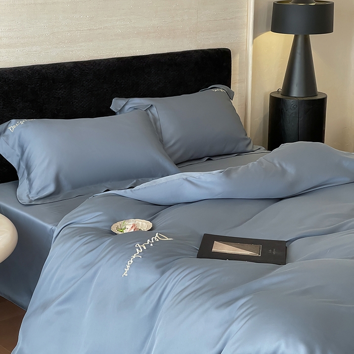 91家纺网 家纺一手货源 找家纺 黛舒家居 2025新款60S兰精天丝纯色简绣四件套 石青