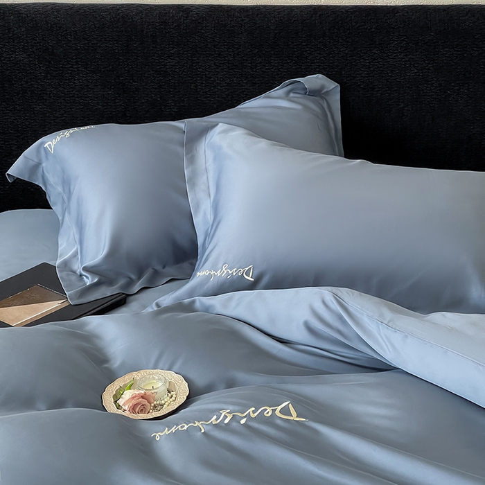 91家纺网 家纺一手货源 找家纺 黛舒家居 2025新款60S兰精天丝纯色简绣四件套 石青