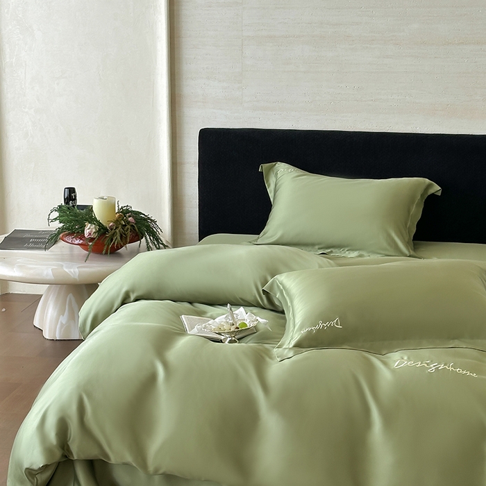 91家纺网 家纺一手货源 找家纺 黛舒家居 2025新款60S兰精天丝纯色简绣四件套 松绿