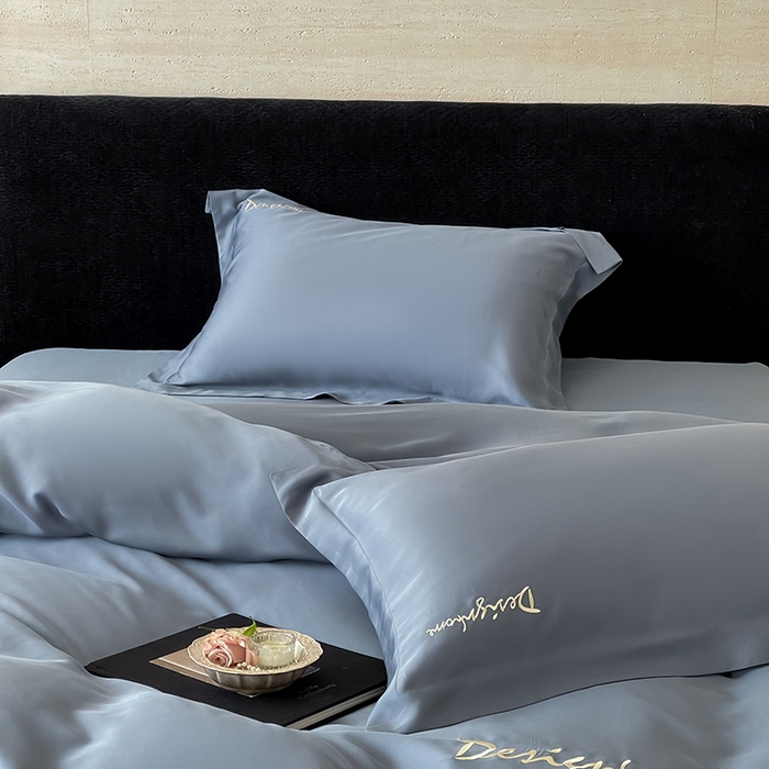 91家纺网 家纺一手货源 找家纺 黛舒家居 2025新款60S兰精天丝纯色简绣四件套 石青