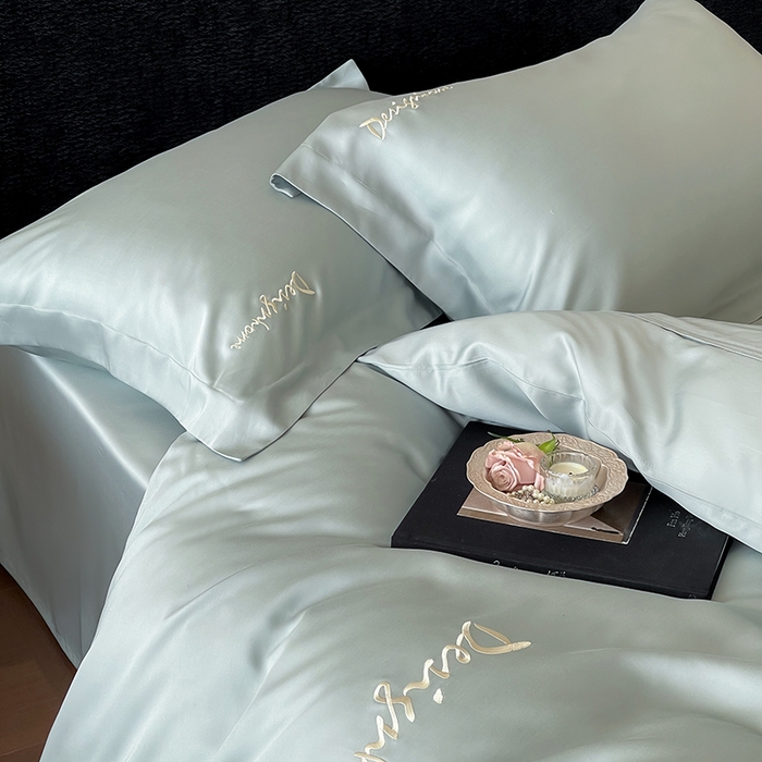 91家纺网 家纺一手货源 找家纺 黛舒家居 2025新款60S兰精天丝纯色简绣四件套 薄荷绿