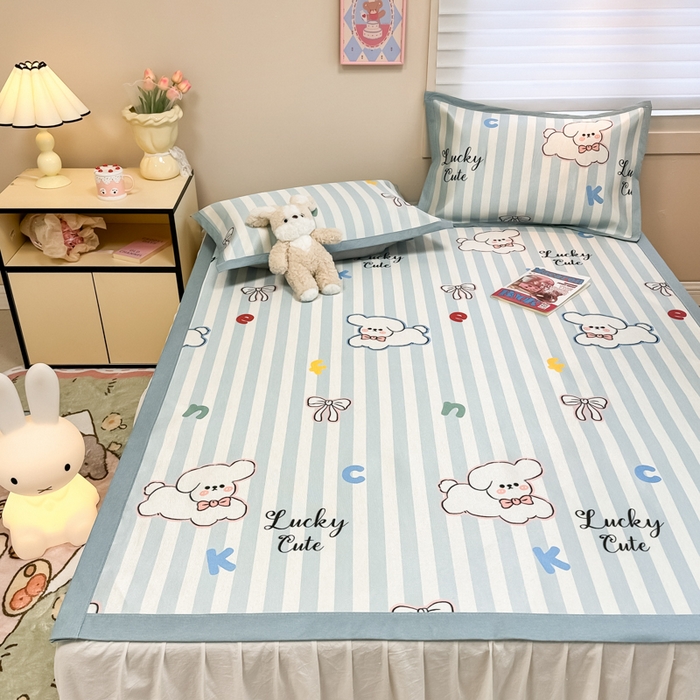 91家纺网 家纺一手货源 找家纺 慕尚家纺 2025新款600D小清新凉感冰丝凉席三件套 蝴蝶结狗