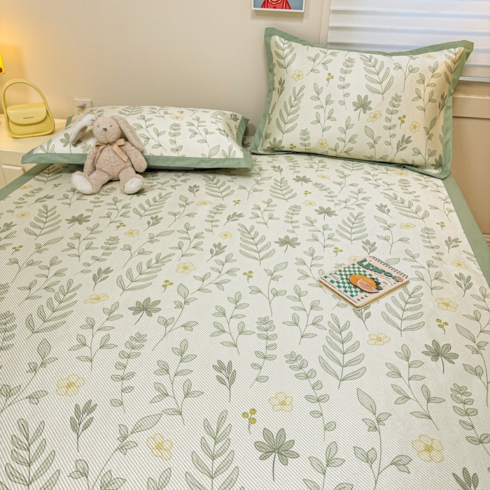 91家纺网 家纺一手货源 找家纺 慕尚家纺 2025新款600D小清新凉感冰丝凉席三件套 薄荷叶