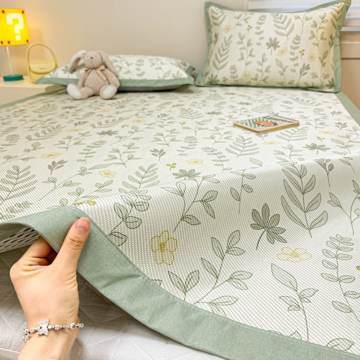 91家纺网 家纺一手货源 找家纺 慕尚家纺 2025新款600D小清新凉感冰丝凉席三件套 薄荷叶