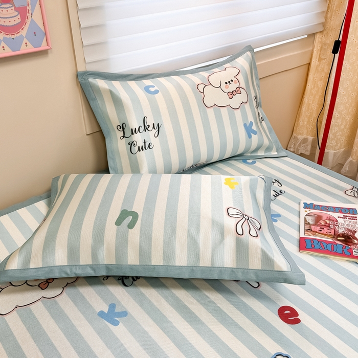 91家纺网 家纺一手货源 找家纺 慕尚家纺 2025新款600D小清新凉感冰丝凉席三件套 蝴蝶结狗