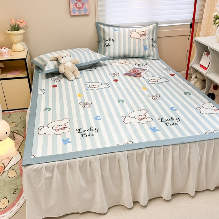 91家纺网 家纺一手货源 找家纺 慕尚家纺 2025新款600D小清新凉感冰丝凉席三件套 蝴蝶结狗