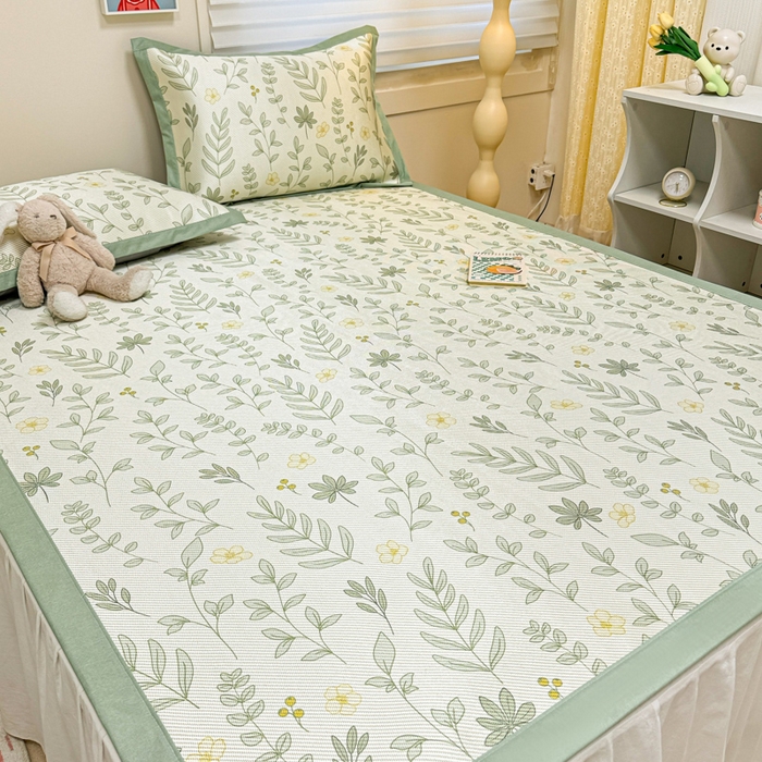 91家纺网 家纺一手货源 找家纺 慕尚家纺 2025新款600D小清新凉感冰丝凉席三件套 薄荷叶