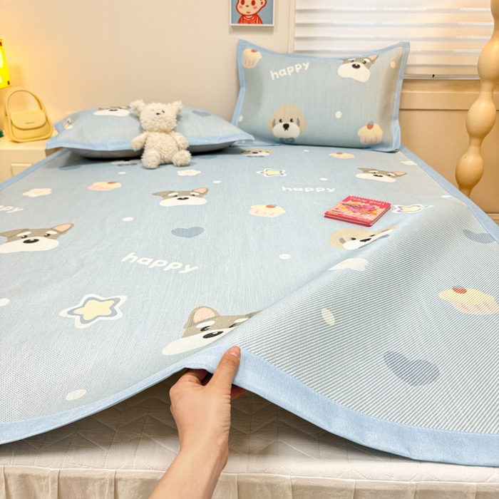 91家纺网 家纺一手货源 找家纺 慕尚家纺 2025新款600D小清新凉感冰丝凉席三件套 旺财