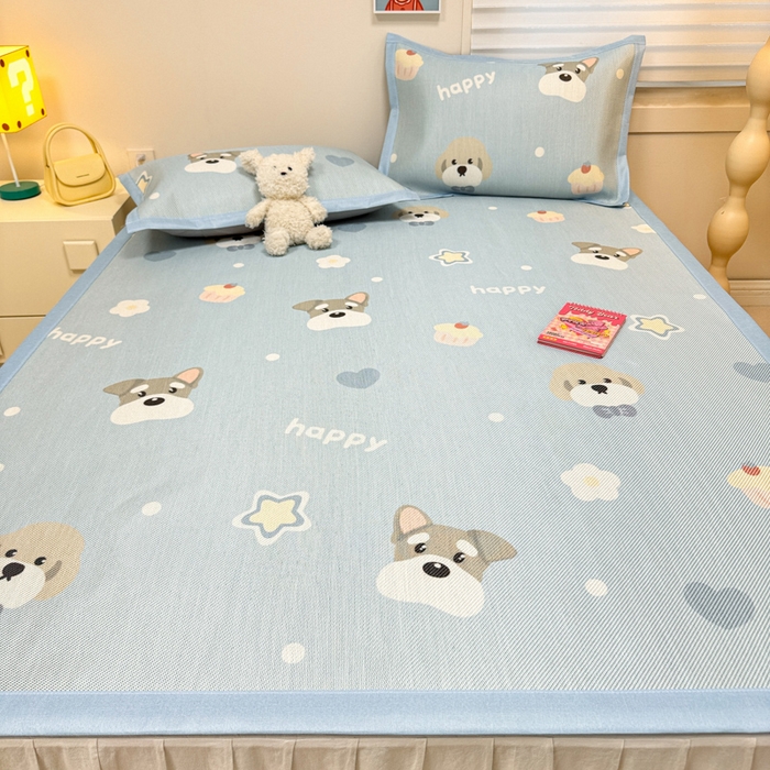 91家纺网 家纺一手货源 找家纺 慕尚家纺 2025新款600D小清新凉感冰丝凉席三件套 旺财