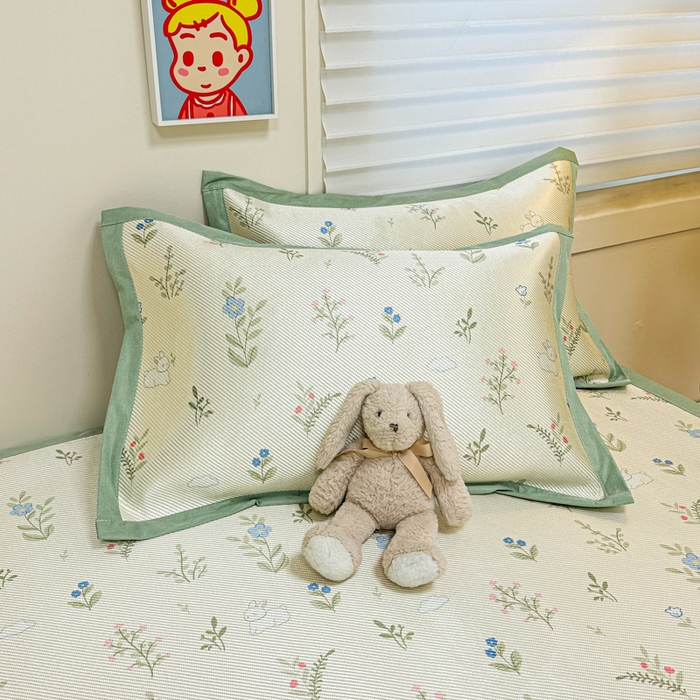 91家纺网 家纺一手货源 找家纺 慕尚家纺 2025新款600D小清新凉感冰丝凉席三件套 小兔叽