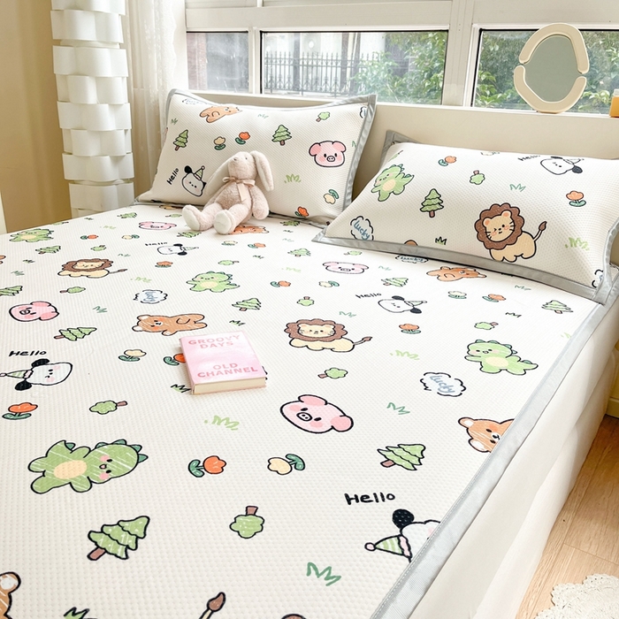 91家纺网 家纺一手货源 找家纺 慕尚家纺 2025新款600D小清新凉感冰丝凉席三件套 动物城